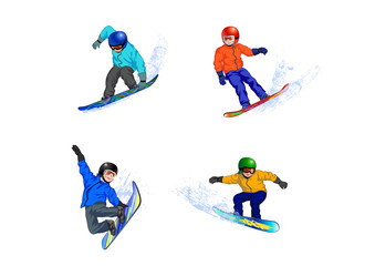 Fototapeta na wymiar Boys snowboarders coming down the slope.