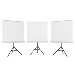 Blank Roll Up Expo Banner Stands Group on Tripod. Trade show booth white and blank. 3d render illustration isolated on white background. Template mockup for your expo design.