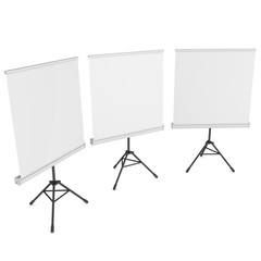 Blank Roll Up Expo Banner Stands Group on Tripod. Trade show booth white and blank. 3d render illustration isolated on white background. Template mockup for your expo design.