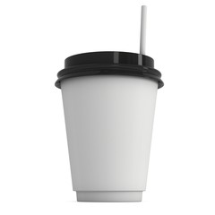 Disposable coffee cup with paper straw . Blank paper mug with plastic cap. 3d render isolated on white background