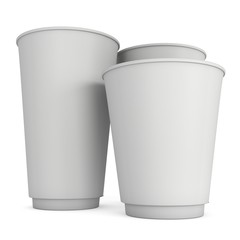 Disposable coffee cups. Blank paper mug. 3d render isolated on white background