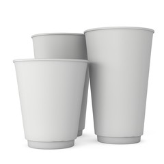 Disposable coffee cups. Blank paper mug. 3d render isolated on white background