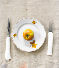 Apple on a plate on a canvas background. Diet food. 