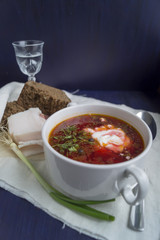 Ukrainian borscht soup with ingredients on a dark background. th