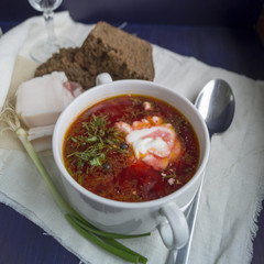 Ukrainian borscht soup with ingredients on a dark background. th