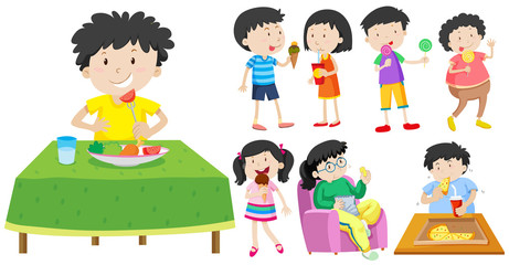 Children eating healthy and unhealthy food