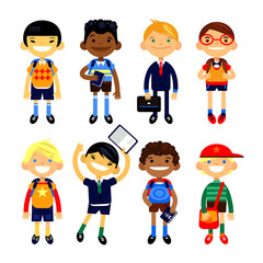 Fototapeta premium Set of characters elementary schoolchild, school students on a white background. Schoolboys different nationalities. Vector illustration of flat design
