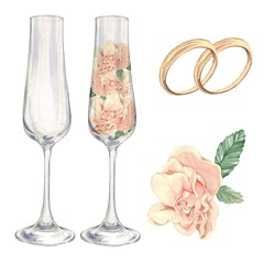 The champagne glasses with roses. Bridal set rings. For festive decoration cards, cards, posters. Watercolor painting. Handmade drawing. Isolated on white - 131386776