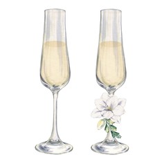 Champagne glasses with a flower. Watercolor painting. handmade drawing. For registration of festive cards, Invitations, postcards and posters.