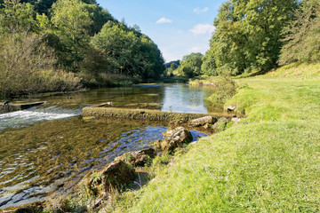 River Lathkill, tumbles over a low weir on its way through Lathkill Dale, Derbyshire.