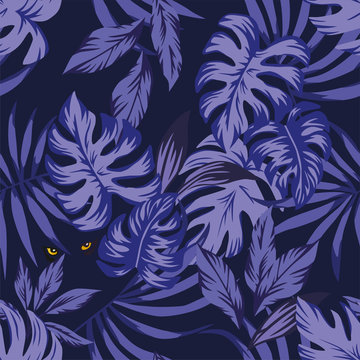 night tropical leaves pattern with eyes panther