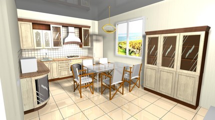  kitchen 3D rendering interior design with dining area and cupboard