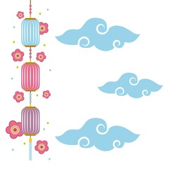 chinese lanterns hanging and flowers decorations over clouds and blue background. colorful design. vector illustration