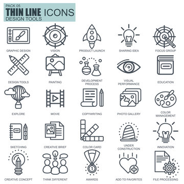 Thin line design tools, art and media icons