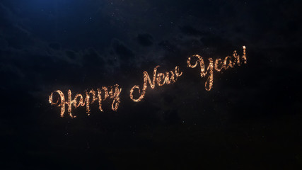 Happy New Year greeting text with particles and sparks on black night sky with colored fireworks on background, beautiful typography magic design.