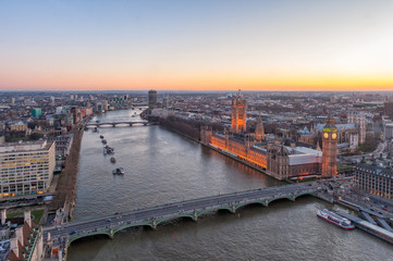 Big Ben, Westminster Bridge on River Thames in London, the UK. English symbol. Aerial view