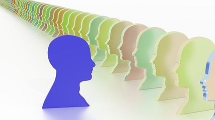 Blue head facing the crowd leadership concept