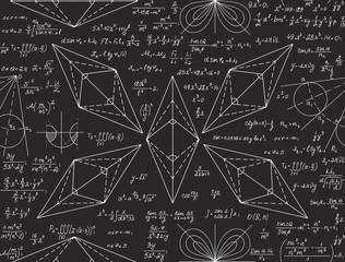 Mathematical vector seamless pattern with formulas, calculations, equations, handwritten with chalk on grey board
