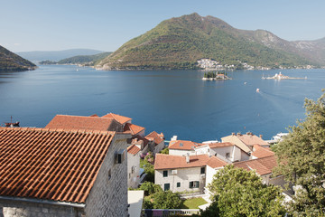 nice view from the city of Perast to the islands of St. George and Our Lady of the Rocks. Montenegro