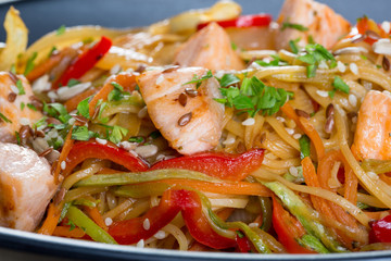 Close up of salmon pasta and veggetables