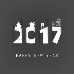 Simple Black and White New Year Card, Cover or Background Design Template With Christmas Tree, Gift Box, Drinking Glasses And Fireworks Icons - 2017