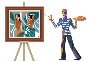 cubist artist painting with palette and paintbrush and ladies painting