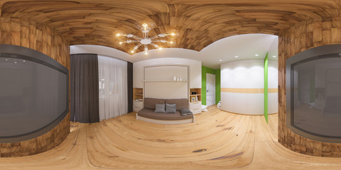 3d illustration spherical 360 degrees, seamless panorama of living room interior design with bed wardrobe. Interior is made in modern minimalist style
