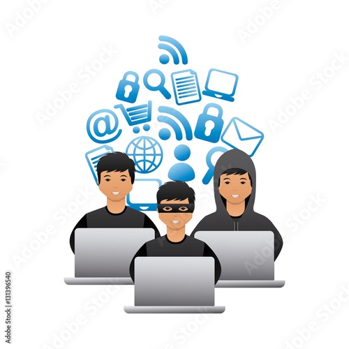 "cartoon hackers men with laptops computers icon over ...