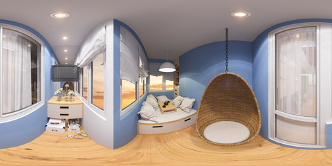3d illustration spherical 360 degrees, seamless panorama of space to relax on the balcony. Interior is made in modern minimalist style