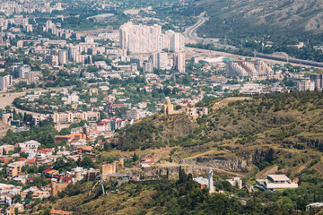 Fototapeta na wymiar Tbilisi Georgia. Aerial View Of Landmarks: Kartlis Deda Monument