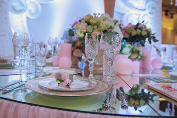 Cutlery and flowers on the wedding table. Decoration