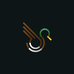 Duck logo. Line art vector illustration. Bird in fly. Logo for hunting and tourism. Bird design template