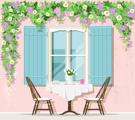 Stylish Provence street cafe exterior: window, table and chairs. Flat style vector illustration. 