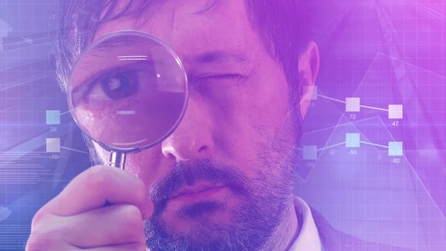 Tax inspector looking business infographics with magnifying glass, inspecting company financial papers, documents and reports.
