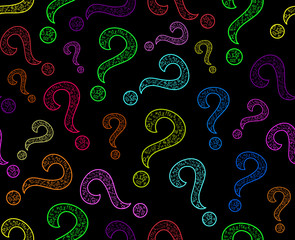 Scientific vector seamless pattern with handwritten multicolored question marks