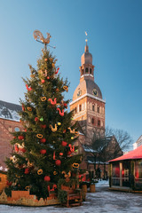 Christmas Market On Dome Square With Riga Dome Cathedral In Riga