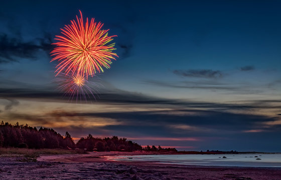 Colorful Fireworks on beach in Estonia