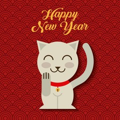 happy new year card with iconic japanese kitten icon over red background. colorful design. vector illustration