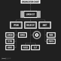 Organization chart template with geometric elements on black background. Useful for science and business presentations.