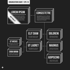 Organization chart template with geometric elements on black background. Useful for science and business presentations.