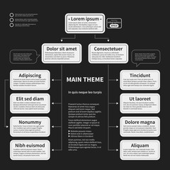 Organization chart template with geometric elements on black background. Useful for science and business presentations. - 131401343