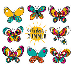 Summer card with butterflies and stylish lettering - 'the best summer'. Vector Isolated Colorful butterflies on the white background.