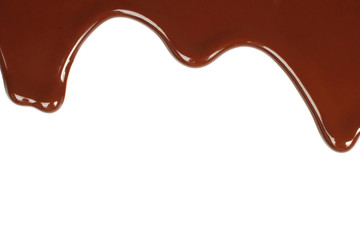 Melted chocolate dripping on white background .