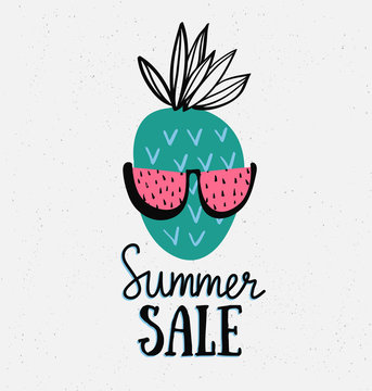 Vector summer background with hand drawn pineapple with watermelon sunglasses and hand written text "Summer sale". Bright poster with lettering and tropical nature.