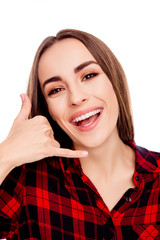 Portrait of happy cheerful woman asking to call her