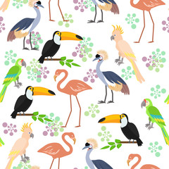 Tropical birds seamless pattern background. Vector illustration