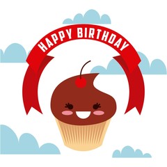 happy birthday card with cartoon cupcake icon and ribbon decoration. colorful design. vector illustration