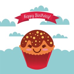 happy birthday card with cartoon cupcake icon and ribbon decoration. colorful design. vector illustration