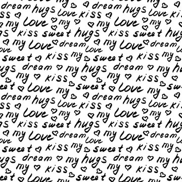 Love lettering seamless pattern, hand drawn calligraphy wallpaper. Vector background.
