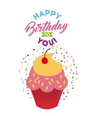 happy birthday card with cartoon cupcake icon. colorful design. vector illustration